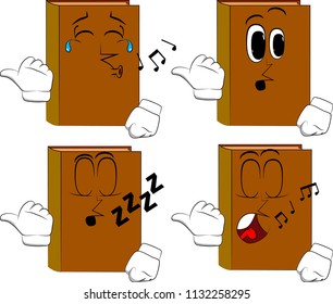 Books with pointing hand behind his back. Cartoon book collection with various faces. Expressions vector set.