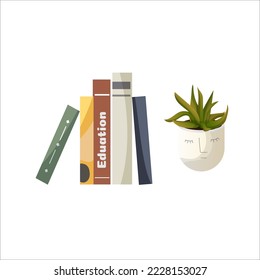 books and potted plant. Colorful books spines on white background. flat vector illustration design.