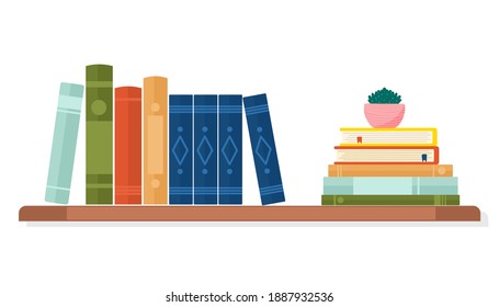 books and potted plants on a shelf. Colorful books spines on white background. flat vector illustration design.