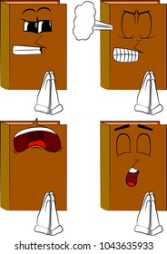 Books with praying hands. Cartoon book collection with angry and sad faces. Expressions vector set.