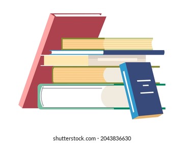 Books and publication, textbooks and notebooks for studying or office work. Documents sorted in folders and volumes, workbook or journals for reports and job assignments. Vector in flat style