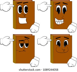 Books puting an imaginary gun to his head. Cartoon book collection with happy faces. Expressions vector set.