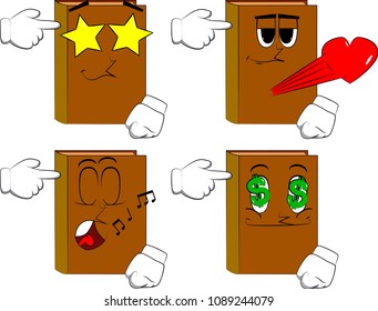 Books puting an imaginary gun to his head. Cartoon book collection with various faces. Expressions vector set.