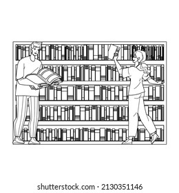 Books Rack Library Furniture With Shelves Black Line Pencil Drawing Vector. Man And Woman Choosing Educational Or Story Literature On Books Rack. Characters Searching Information On Bookcase