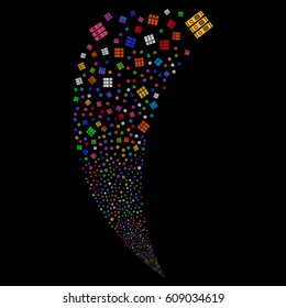 Books random fireworks stream. Vector illustration style is flat bright multicolored iconic symbols on a black background. Object fountain created from scattered icons.