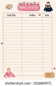 Books to Read List. Printable reading plan for education for children or student. Paper plan with stickers. 