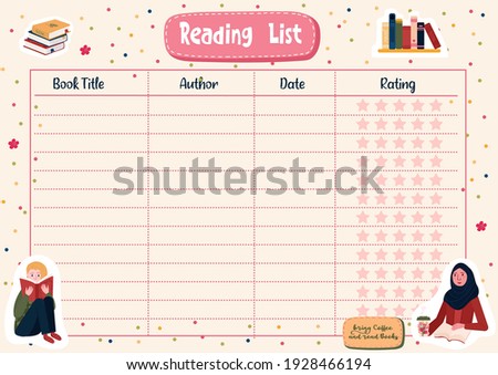 Books to read memo with Title, Author, Date and Rating. Daily Reading List of student. School Agenda for habit to read every day. Page of organization plan to read. Stickers of Woman with book.