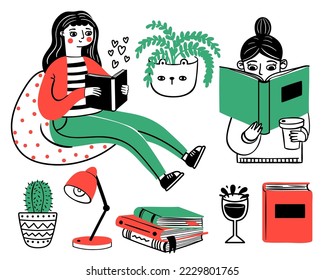 Books and readers. Education and study by girl. Illustration of reader education also reading for relax vector