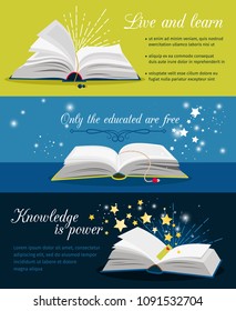 Books reading banners. Open book with stars and magic glow and text vector illustration