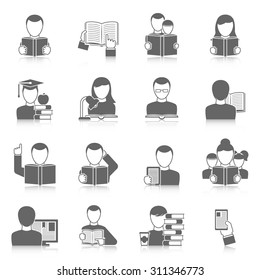 Books and reading black white icons set with tales education and people flat shadow isolated vector illustration 