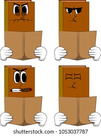 Books reading a book. Cartoon book collection with angry faces. Expressions vector set.