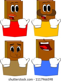 Books reading book and hiding behind it. Cartoon book collection with happy faces. Expressions vector set.