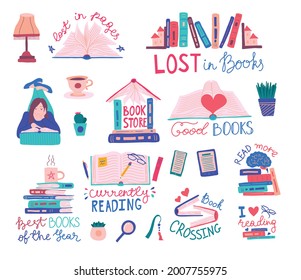 Books Reading Color Label Badge Sign Set Concept for Store Flat Design Style. Vector illustration of Sticker