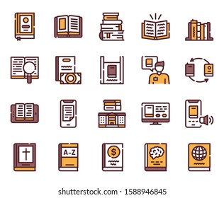 Books reading color linear vector icons set. Textbooks, educational materials outline symbols. Paper and electronic books collection. Virtual library, ebooks reader contour illustrations