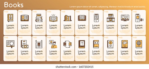 Books reading color linear vector icons set. Textbooks, educational materials outline symbols. Paper and electronic books collection. Virtual library, ebooks reader contour illustrations