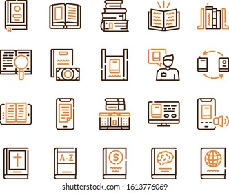 Books reading color linear vector icons set. Textbooks, educational materials outline symbols. Paper and electronic books collection. Virtual library, ebooks reader contour illustrations