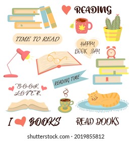 Books, reading and cozy things set. Concept is love reading, world books day. 