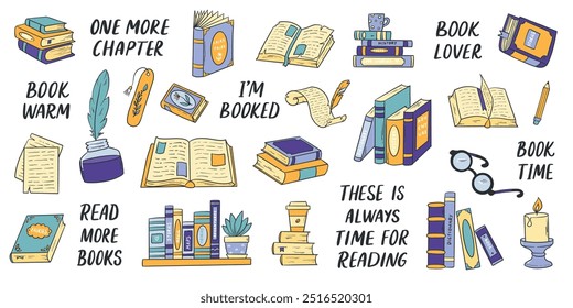 Books, reading doodles and quotes collection for stickers, prints, planners, clipart, cards, social media, banners, etc. EPS 10