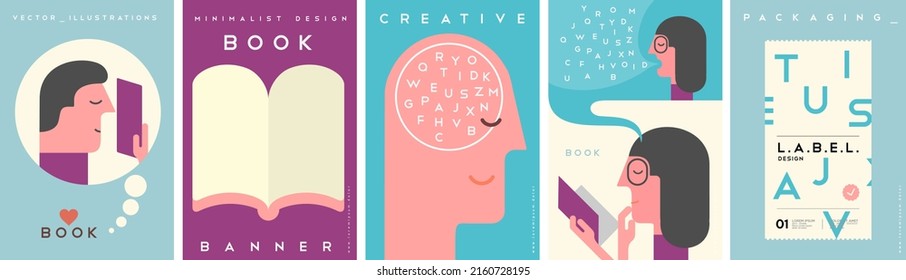 Books. Reading. Education. Development. Set of vector illustrations. Simple, modern style. Background for label, cover, poster, animation.