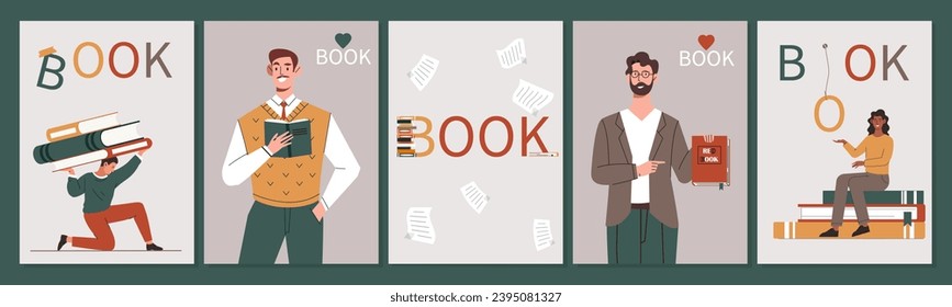 Books reading education posters set. Students with love for reading and literature. Education and learning. Flyers and booklets. Cartoon flat vector collection isolated on green background