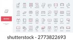 Books, reading, education, publishing, digital library, study tools, academic resources, knowledge management red black line icons set vector illustration