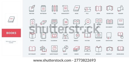 Books, reading, education, publishing, digital library, study tools, academic resources, knowledge management red black line icons set vector illustration