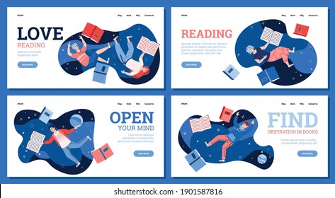 Books reading and education website banners set with people floating in the air among books, cartoon vector illustration. Web templates for online library and bookstore.