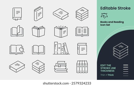 Books and Reading Icon collection containing 16 editable stroke icons. Perfect for logos, stats and infographics. Edit the thickness of the line in any vector capable app.