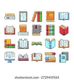 Books and reading icon set showcasing various closed and open books, digital e readers, and stacks, representing education, knowledge, learning, and literary concepts with colorful outlines
