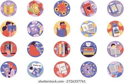 Ilustración vectorial De Libros Y Ilustraciones De Lectura. Plantilla de diseño de símbolos de ilustración para elemento de interfaz de usuario móvil de Web.