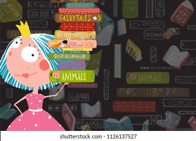 Books and Reading Kid Girl Fairy Tale Princess. Colorful vector design for library template. Vector cartoon.