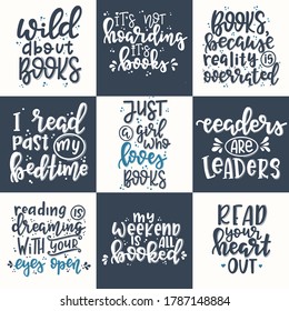 Books and reading lettering set Hand drawn typography poster. Conceptual handwritten phrase T shirt hand lettered calligraphic design. Inspirational vector