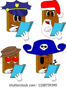 Books reading and pointing at an opened book. Cartoon book collection with costume faces. Expressions vector set.