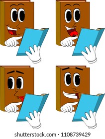 Books reading and pointing at an opened book. Cartoon book collection with happy faces. Expressions vector set.
