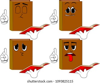 Books reading a red book and making a point. Cartoon book collection with sad faces. Expressions vector set.