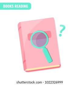 Books reading, books research concept. Book and magnifying glass in pastel color flat style vector illustration. Icon for book club, book community, bookstore, library