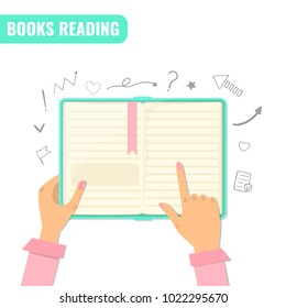 Books reading, books research, education concept. Open book with sketch school elements. Vector illustration