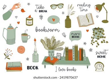 Books and reading set. Stack of books, book shelf, candles, houseplants, glasses. Retro style minimalistic elements isolated on white background. Hand drawn vector illustrations.