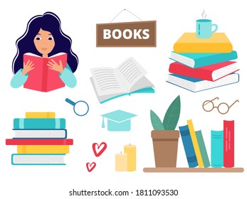 Books and reading set. Stack of books, glasses, bookshelf, girl reading a book. Love reading concept. Template for banner, postcard, card, invitation. Vector Illustration in flat style