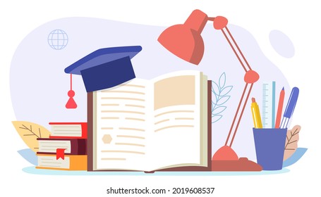 Books and reading set Table lamp with open book and student hat on an isolated white background World Book Day Flat cartoon colorful vector illustration Stack of library books Knowledge and education