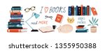 Books and reading set. Textbooks for academic studies, cute cats, houseplant, glasses. Bundle of decorative design elements isolated on white background. Flat cartoon colorful vector illustration.