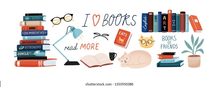Books and reading set. Textbooks for academic studies, cute cats, houseplant, glasses. Bundle of decorative design elements isolated on white background. Flat cartoon colorful vector illustration. - Shutterstock ID 1355950388