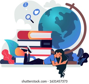 Books and reading set. Textbooks for academic studies, the globe, students. Bundle of decorative design elements isolated on white background. Flat cartoon colorful vector illustration.