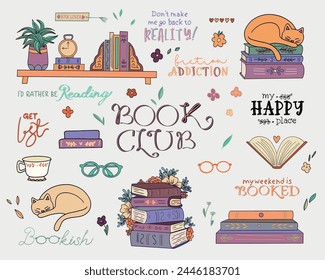 Books and reading set. Textbooks for academic studies, cute cats, houseplant, glasses. Bundle of decorative design elements isolated on white background. Flat cartoon colorful vector illustration.