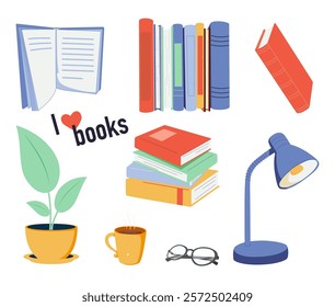 Books and reading set. Textbooks for academic studies, cute cats, houseplant, glasses. Bundle of decorative design elements isolated on white background. Flat cartoon colorful vector illustration.