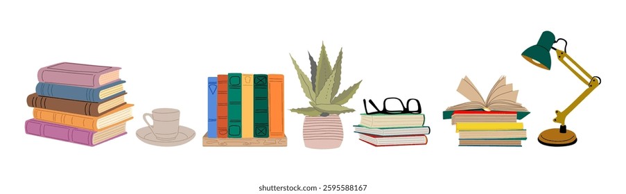 Books and reading set. Textbooks for academic studies, literature, houseplant, glasses, table lamp, cup of tea. Flat cartoon colorful vector illustrations isolated on white background. 
