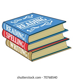 Books of reading, spelling and writing stacked on top of each other as if in a school or library.