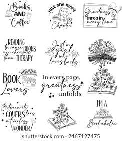 books , reading stickers, black and white reading t-shirt designs