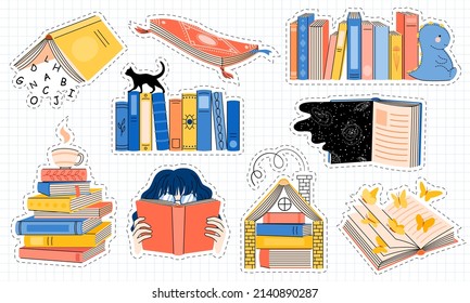 Books and reading, vector icons set in doodle style. Graphic concepts about reading, favorite hobby, fantasy, fiction, fairy tales. Collection of isolated stickers with stacks and pile of books.