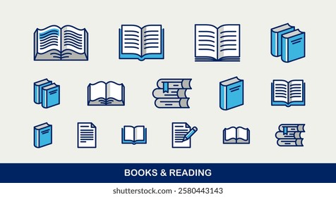 Books and reading vector icons set, different books, fiction and documentary literature.